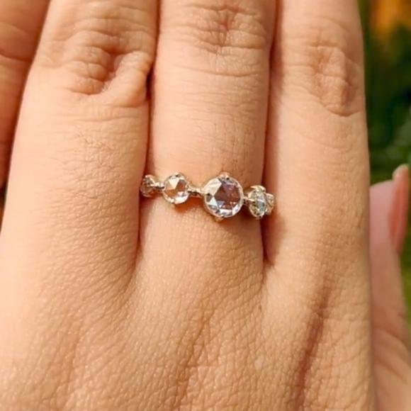 Round Rose Cut Five Stone Moissanite Ring .91 TCW Sterling Silver Ring Size 8.5 - Picture 2 of 12